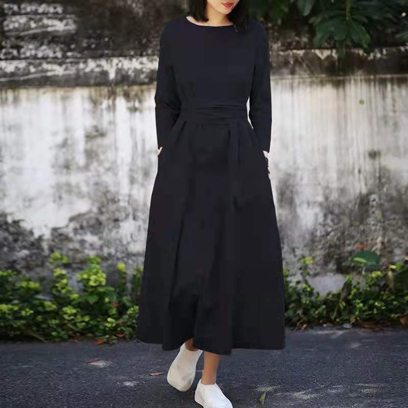 

Women s Casual Loose Pocket Round Neck Three Quarter Sleeve Color Tie Dress XXXL Темно-синій