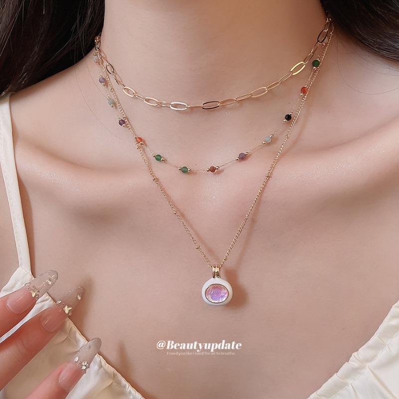 New multi-layer colored stone drip oval necklace niche design sense collarbone chain fashionable versatile neck chain