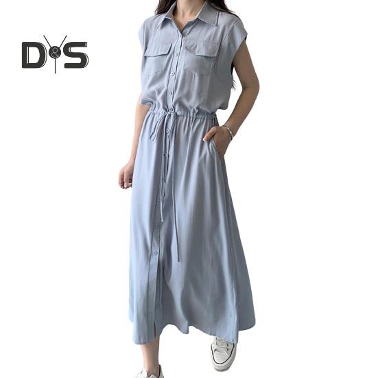 

Женское весеннее классическое платье, рубашка с отложным воротником, нагрудные карманы, длинные рукава, завязка на талии, плиссированные боковые карманы, однобортное платье OL для поездок на работу, платье миди M синий