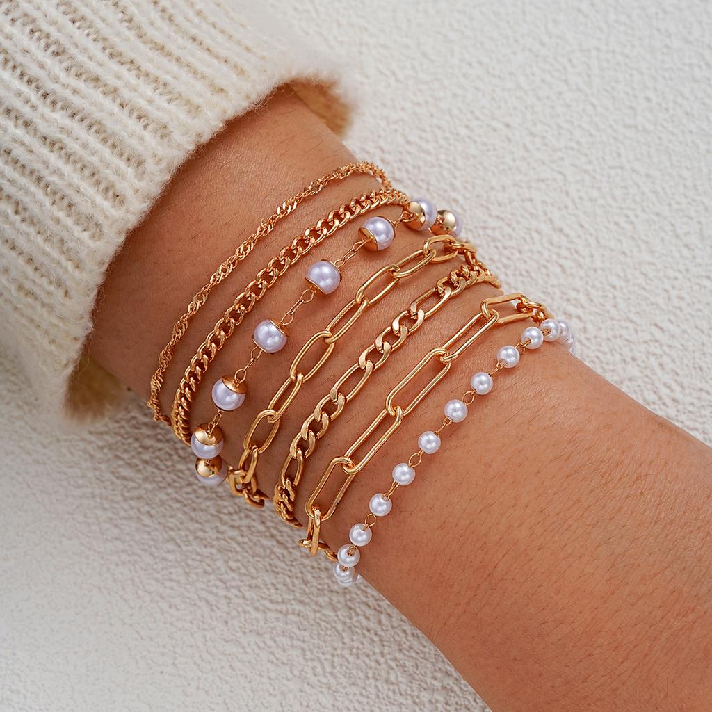 7Pcs/Set Bohemian Bracelet For Women Punk Style Cold Color Pearl Metal Multi-layer Hollow Twisting Snake Chain Simple Jewelry
