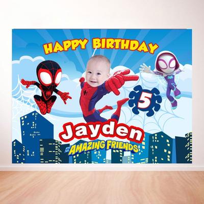 Cartoon Spider-Man en zijn geweldige vrienden Fotografie Achtergrond Aangepaste Naam Kinderverjaardag Decoratie Achtergrond Prop