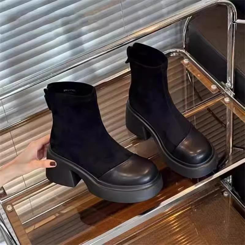thick-soled thick-heeled short boots women s new autumn and winter thin boots elastic boots heightening Martin boots 35