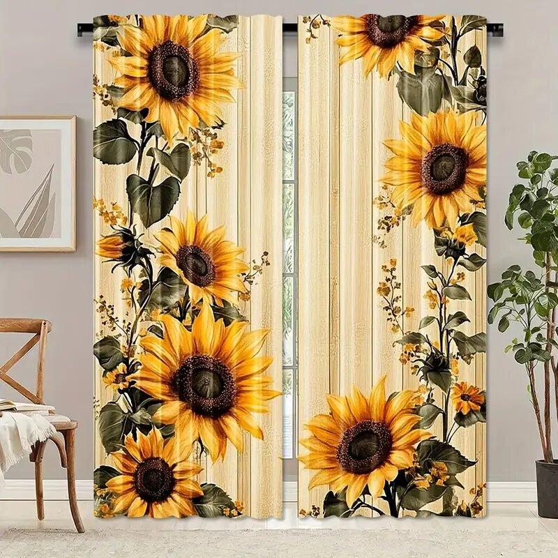 Retro Wooden Board Sunflower Pole Bag Curtains Bedroom Kitchen Decoration Home Living Room Curtain Polyester Perfect For Area