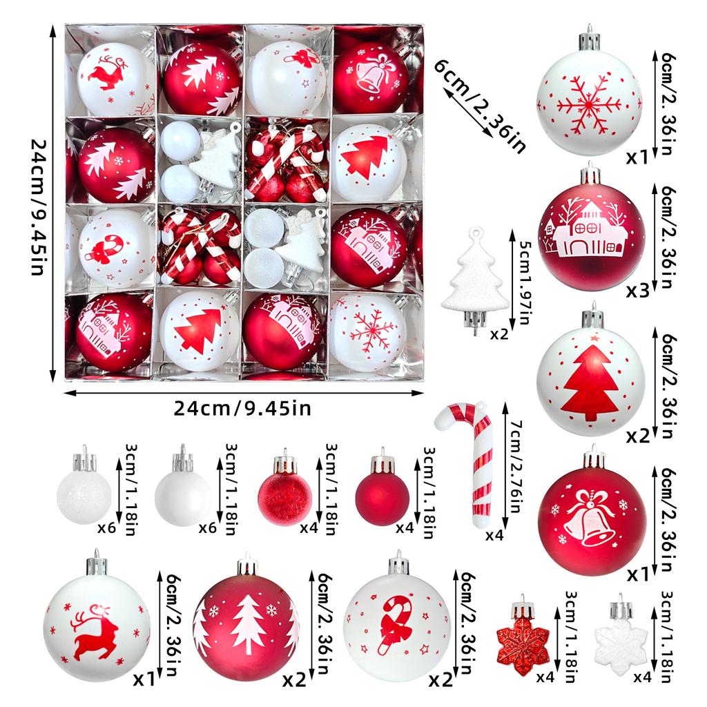 46Pcs Christmas Tree Ornaments Set Red Green White Snowflake Candy Cane Painted Baubles Holiday Home Decor