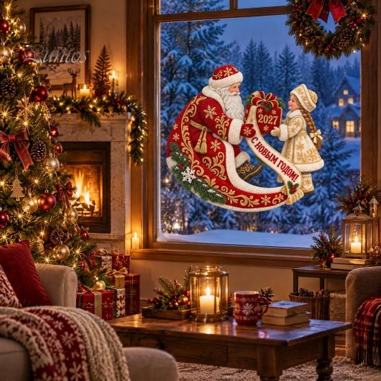 Festive Storefront Glass Ornaments Static Cling Window Decal, PVC Electrostatic Stickers with Frosty Old Flexible Reusable Decals Man Snow Maiden