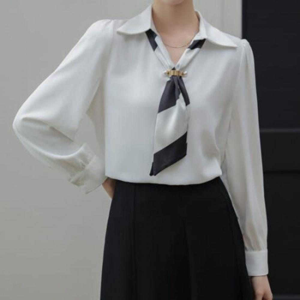 Navava Classic Mood Color Block Scarf Neck Long Sleeve Blouse Nb2531