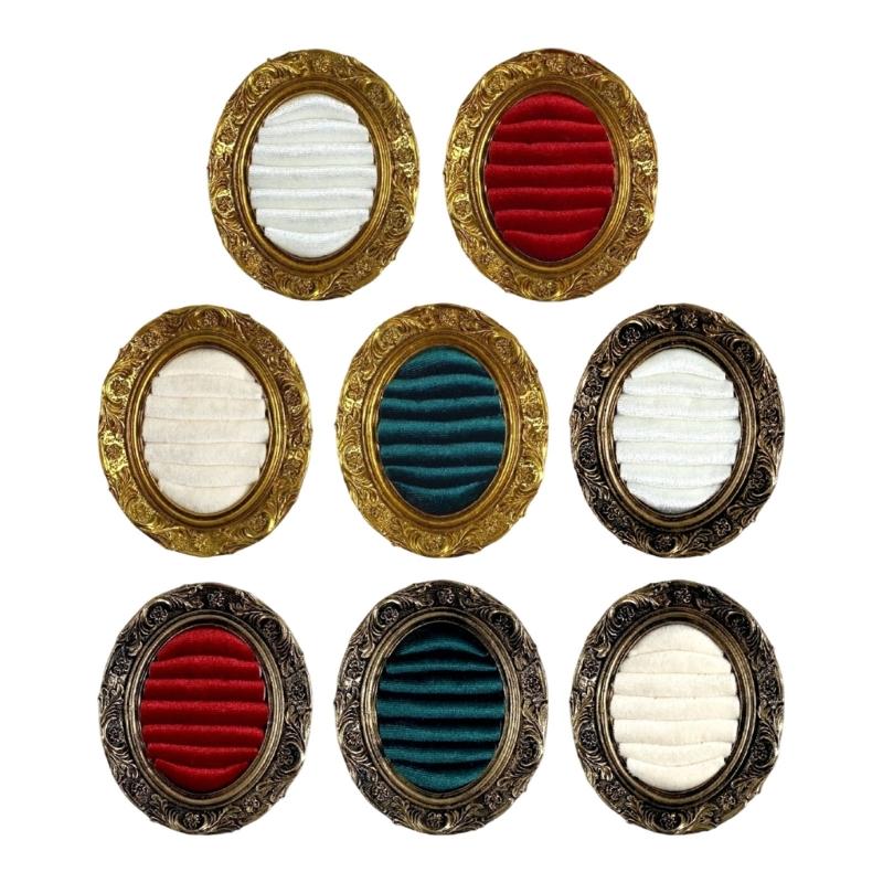 Ring Display Tray with Multiple Horizontal Slots, Ornate Oval Scrollwork Frame and Flat Base for Tabletop Presentation