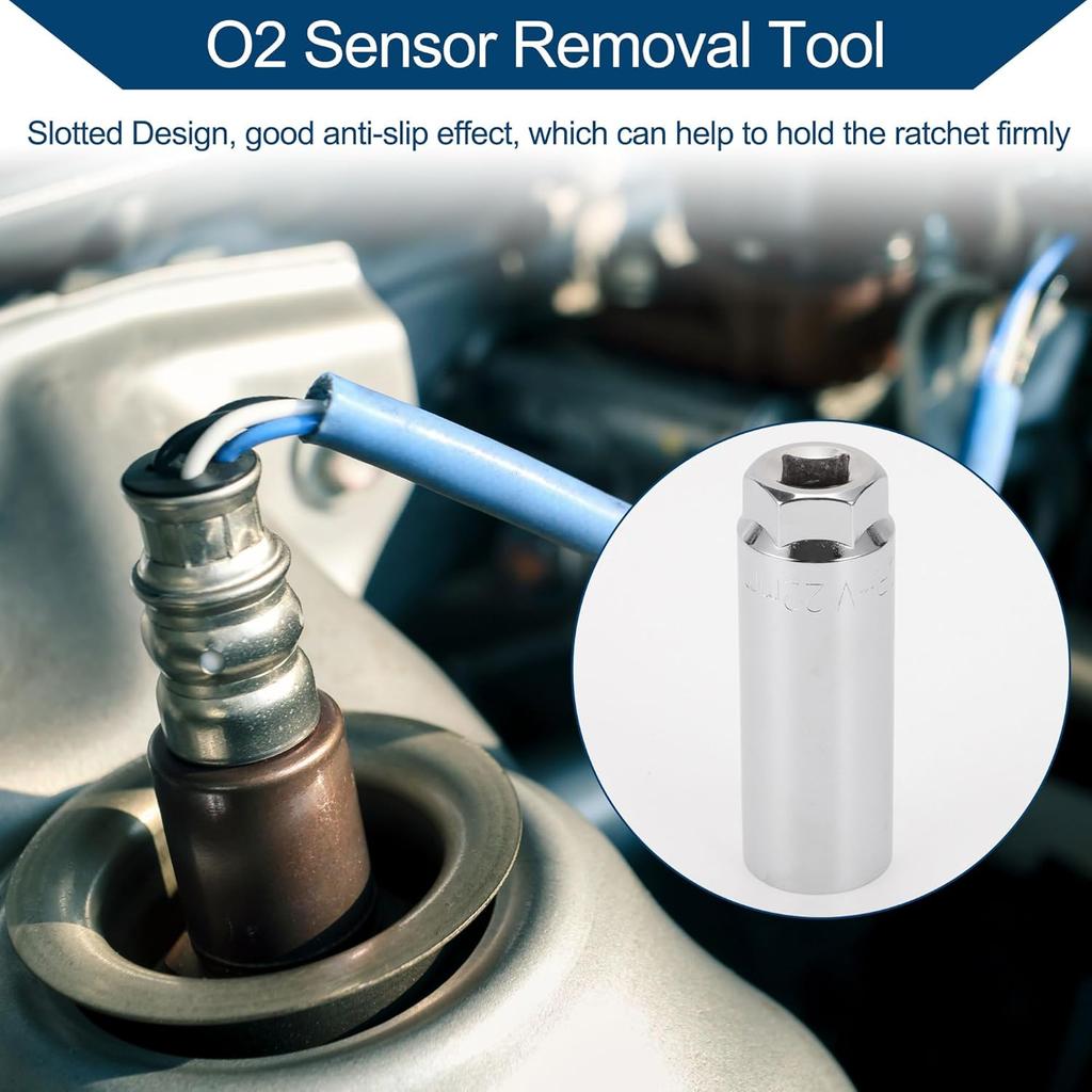Oxygen Sensor Socket O2 Sensor Removal Tool with Side Wire Cutout Chrome Vanadium Steel 90mm 1 Pcs Silver Tone 6 Point 22mm/0.87" 1/2inch