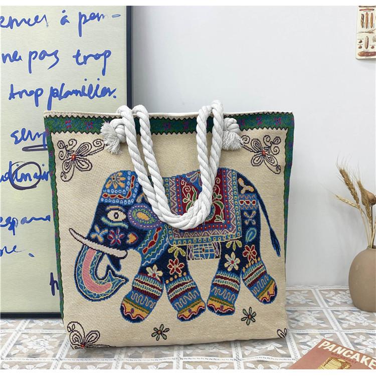 Etnisk stil elefantbroderad damväska hampa rep axelrem broderad mammapåse picknickväska axelväska messengerväska