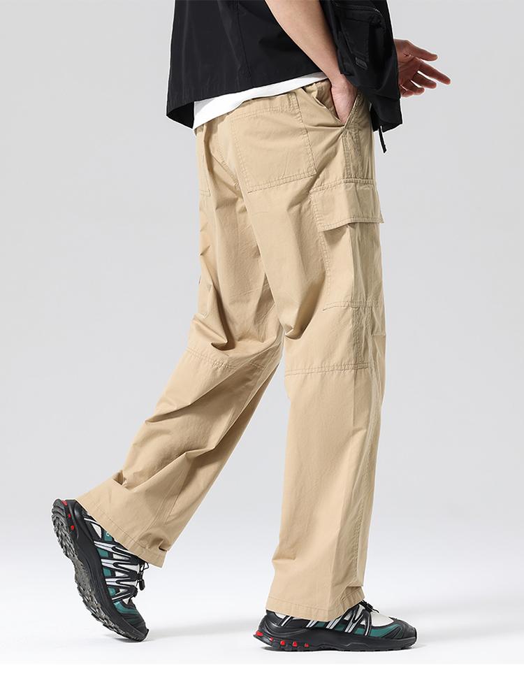 100% cotton workwear outdoor multi bag elastic waist drawstring pure cotton straight leg pants men's casual pants