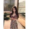 Yellow lotus leaf beautiful floral suspender dress women's summer vacation French summer temperament beach fishtail dress
