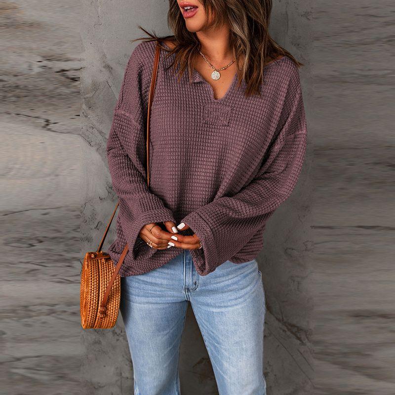 2024 Autumn Solid Color Waffle Knitting Long Sleeves T-shirt Female Fashion Drop-Shoulder Sleeve V-neck Casual Loose Pullover Female