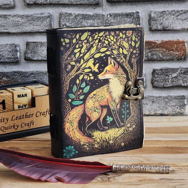 

Fox Leather Vintage Look Handmade leather Journal, Grimoire Fat journal Blank spell book of shadows Celestial Christmas Gifts 8 x 6 in