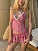 Red Plaid Lace Trim Halter V-Neck Camisole for Women - Korean Summer Style Swimwear