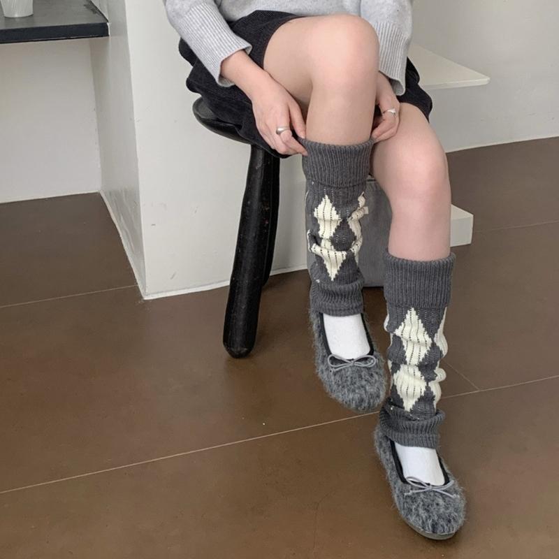 Argyle Pattern Wool Knitted Turn Cuffs Leg Warmers for Women and Students Cold Weather Foot Covers Footless Calf Socks
