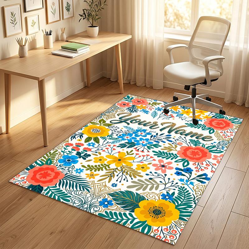 Floral Artwork Theme Soft Crystal Velvet Rug Custom Name & Text Print Non Slip Floor Rug for Bedroom Living Room