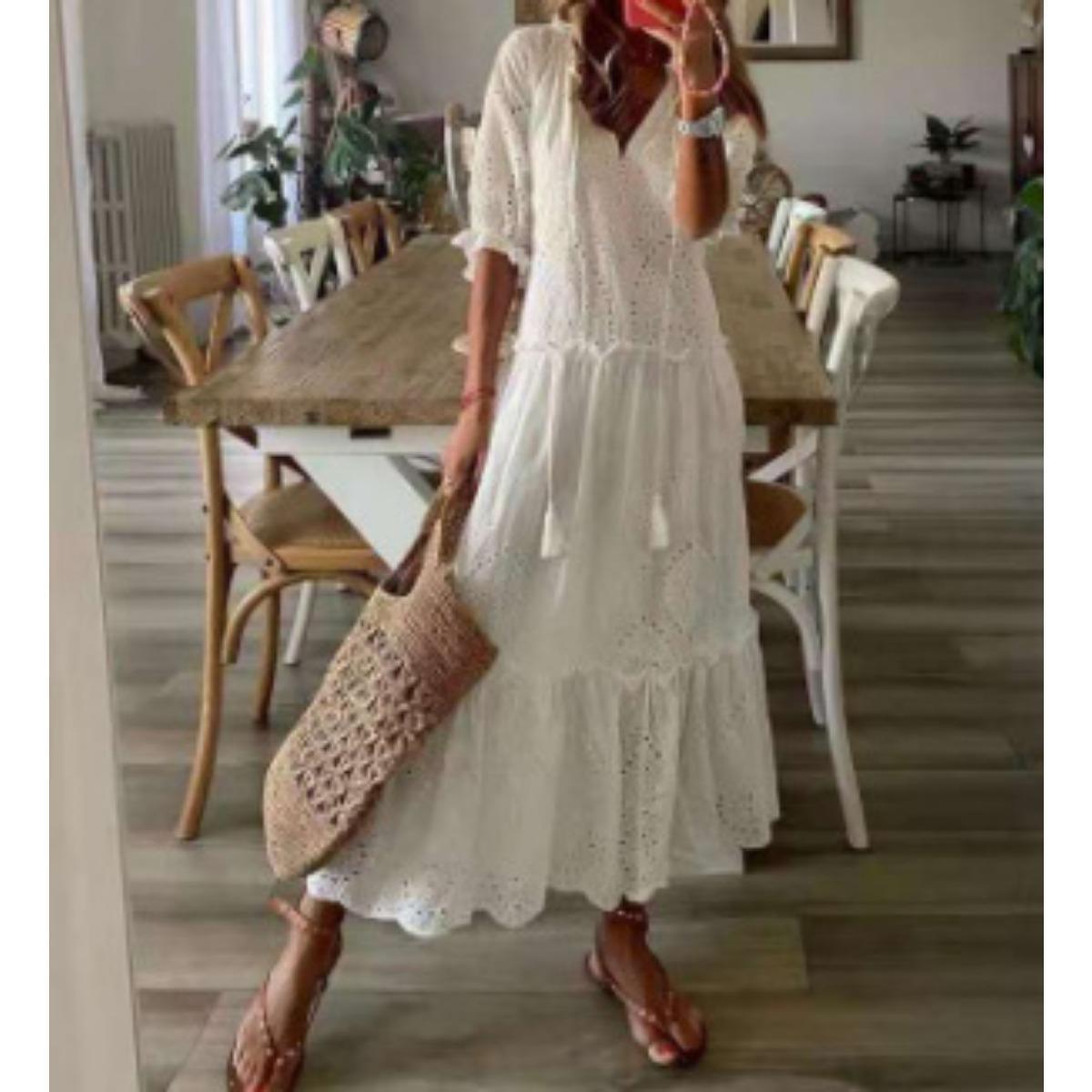 Women s V Neck Half Sleeve Eyelet Maxi Dress Loose Fit Casual Summer Bohemian Long Dress S белый