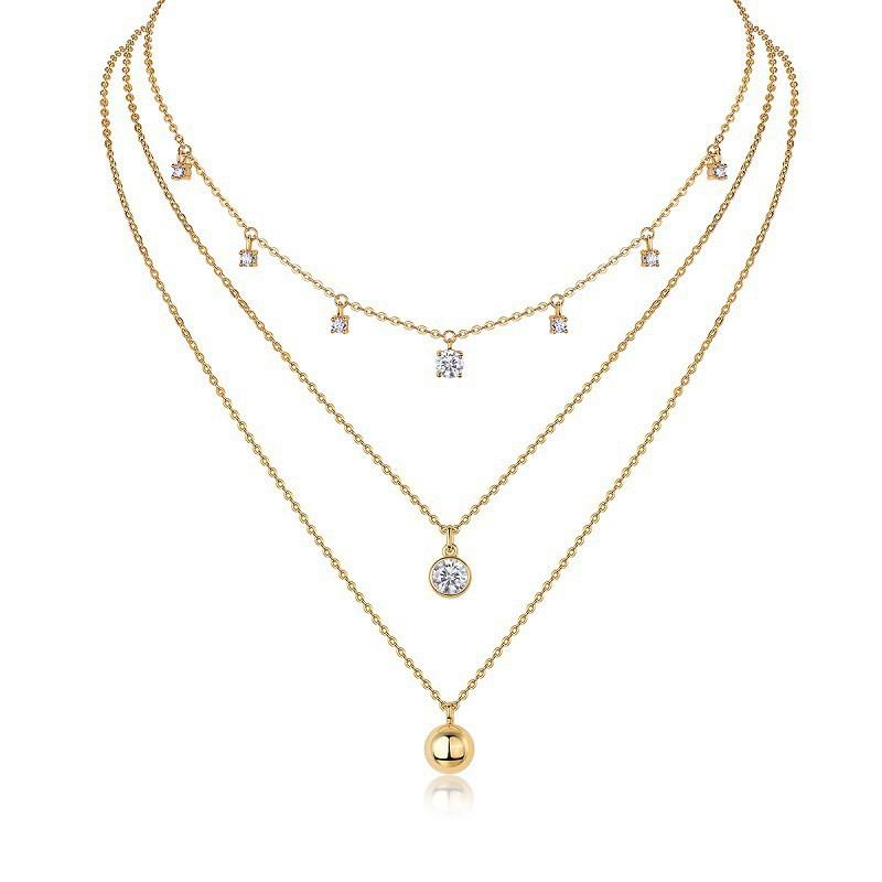 Elegant 3-Layer Sterling Necklace With Moissanite Stones Long Chain Women Minimalist Ins Style