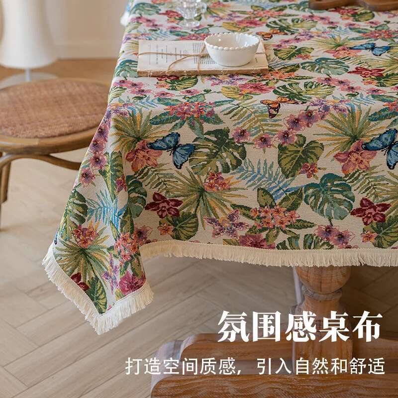 High End Home Floral Countryside Cotton Linen Fabric Tablecloth Rectangular Dining Table Cloth Decorative Cloth