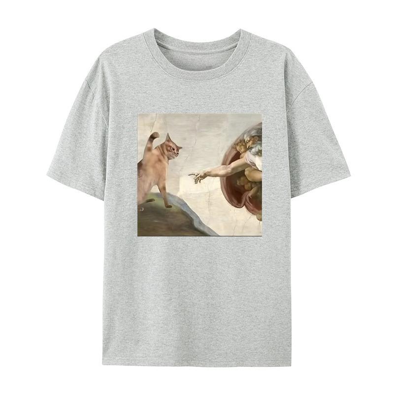 Mythical Oil Painting Cat Funny Fun White Casual Tshirt Mens and Womens Luxury Brand Top