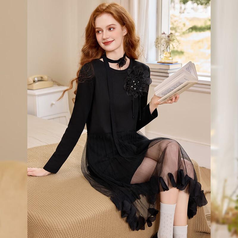 

Bailuyu Элегантное Миди А-силуэта Маленькое Черное Платье с Сетчатой Вставкой XL