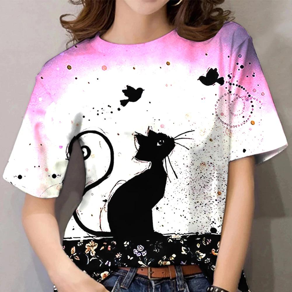Cute Cat Sketch 3D Printed Women's Harajuku Round Neck Short Sleeved T-shirt