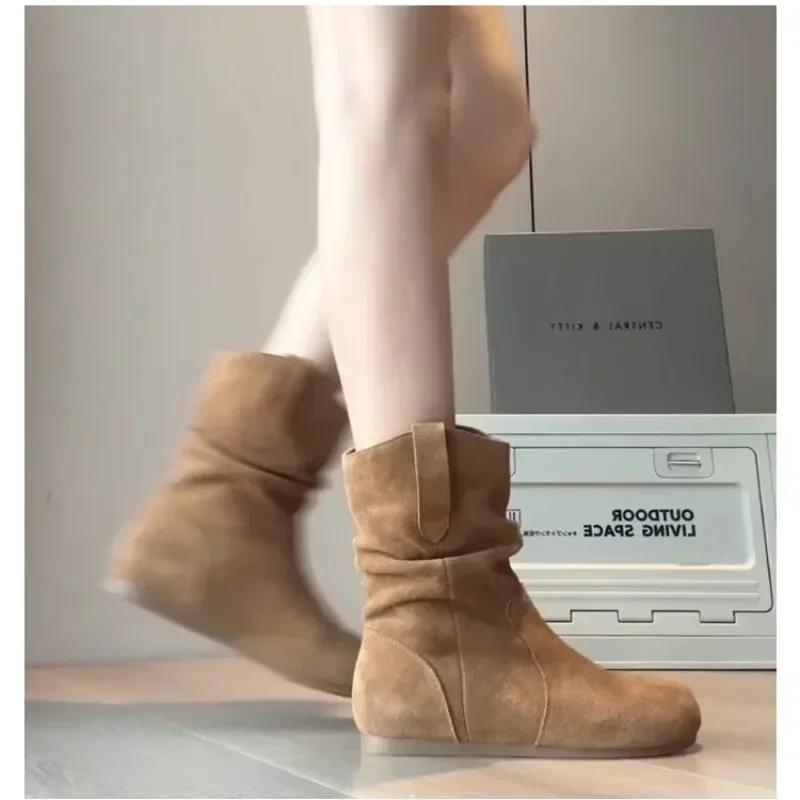 Woman Shoes Ankle Boots Winter Elegant Comfortable Leather Retro Designer Short Barrel Flat Casual New Barefoot Booties on Sale