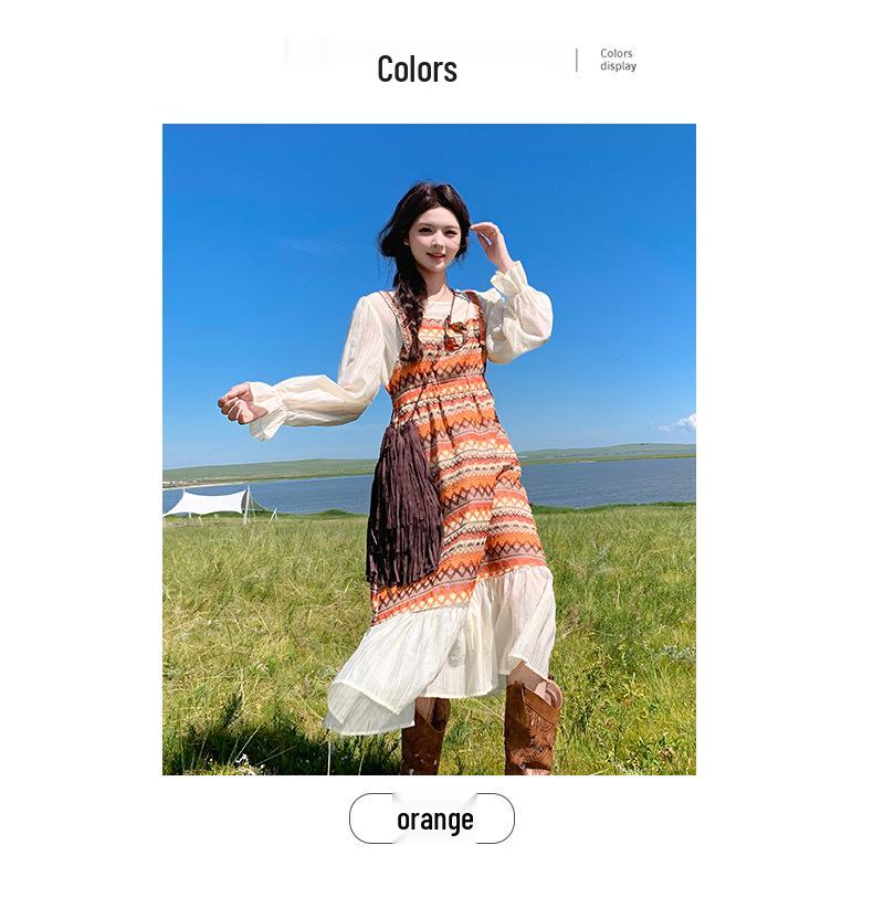 Ethnisch gestreiftes Rüschen-Langkleid – Herbst-Feiertagsmode 2025 für Damen