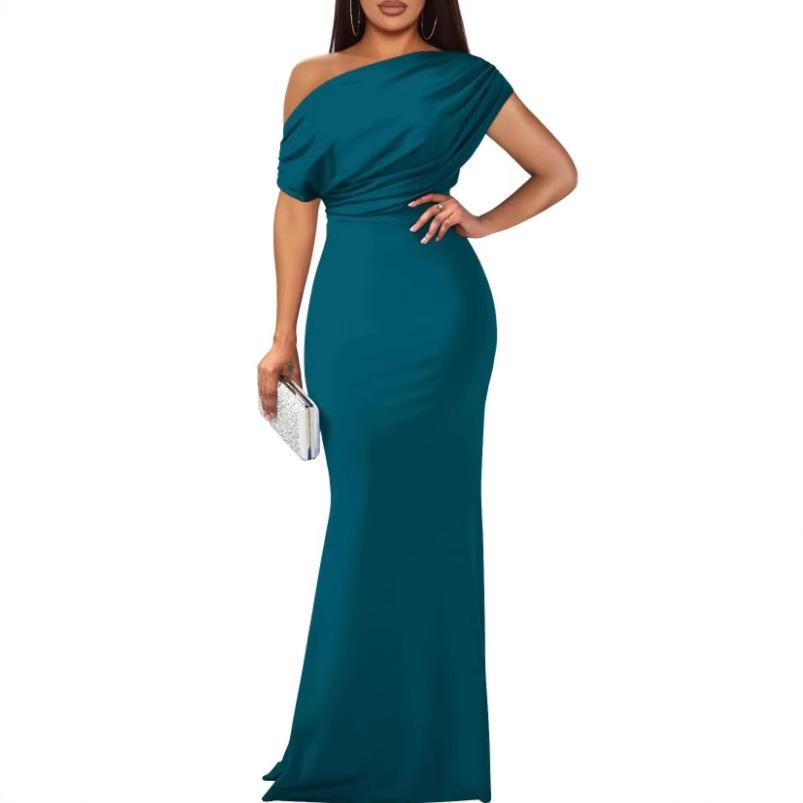 Dark Blue One Shoulder Fishtail Evening Gown with Short Sleeves