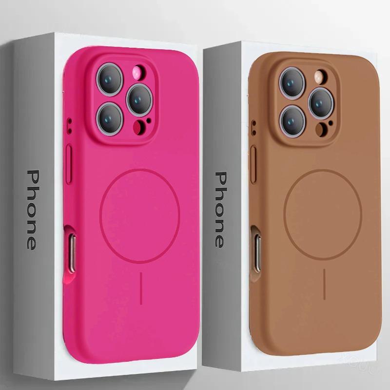 

Luxury Silicone Case for iPhone 16 15 14 13 12 11 Pro Max Plus Style Soft Wireless Charge for Magsafe Anti impact Colorful Cover for iPhone 15 Pro яркий розовый