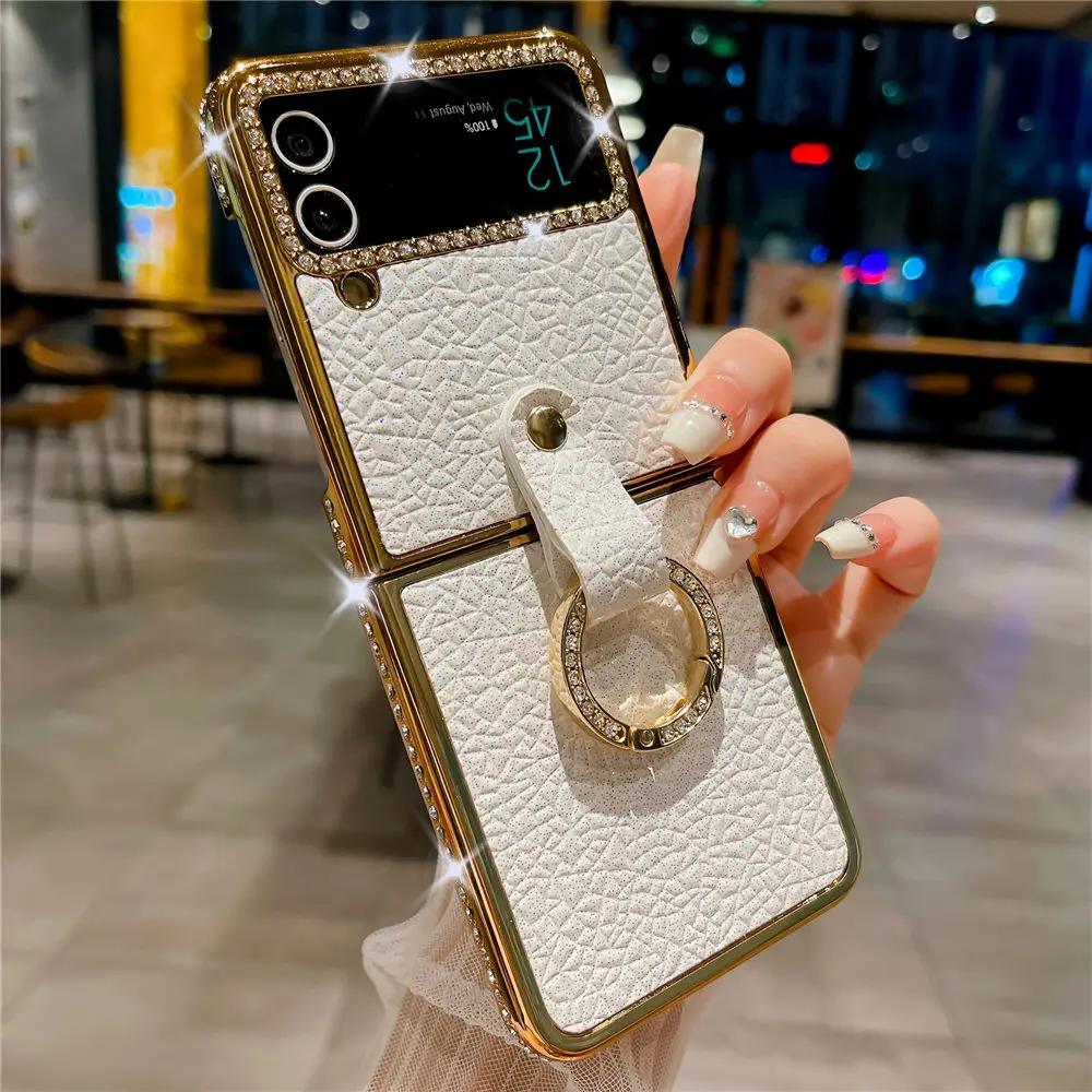 For Samsung Z Flip 6 Ring Holder PU Leather Plating Case For Samsung Galaxy Z Flip 6 Z Flip 5 4 3 Bling Diamond Shockproof Cover
