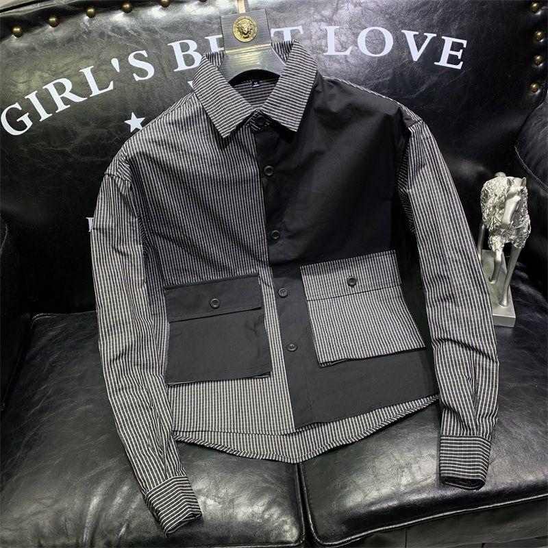 Men's Simple Long Sleeved Shirt with Color Blocking Trendy and Handsome High-end Outerwear Patchwork Slim Fit Top Jacket