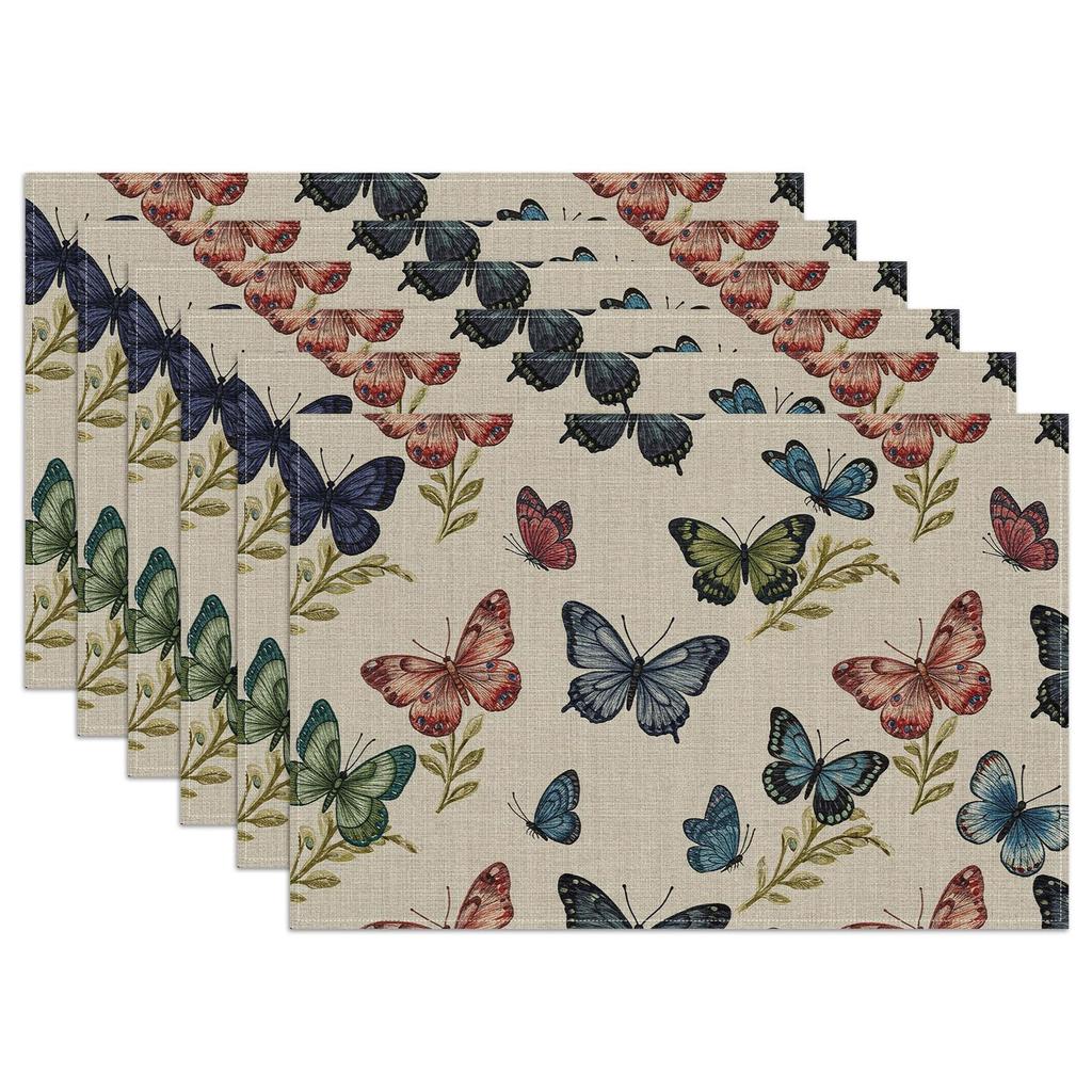 Strawberry Thief William Morris Placemats Set of 6, Floral Bird Washable Linen Place Mat Heat Resistant Non Slip Kitchen Dining Table Mats 12x18 Inch