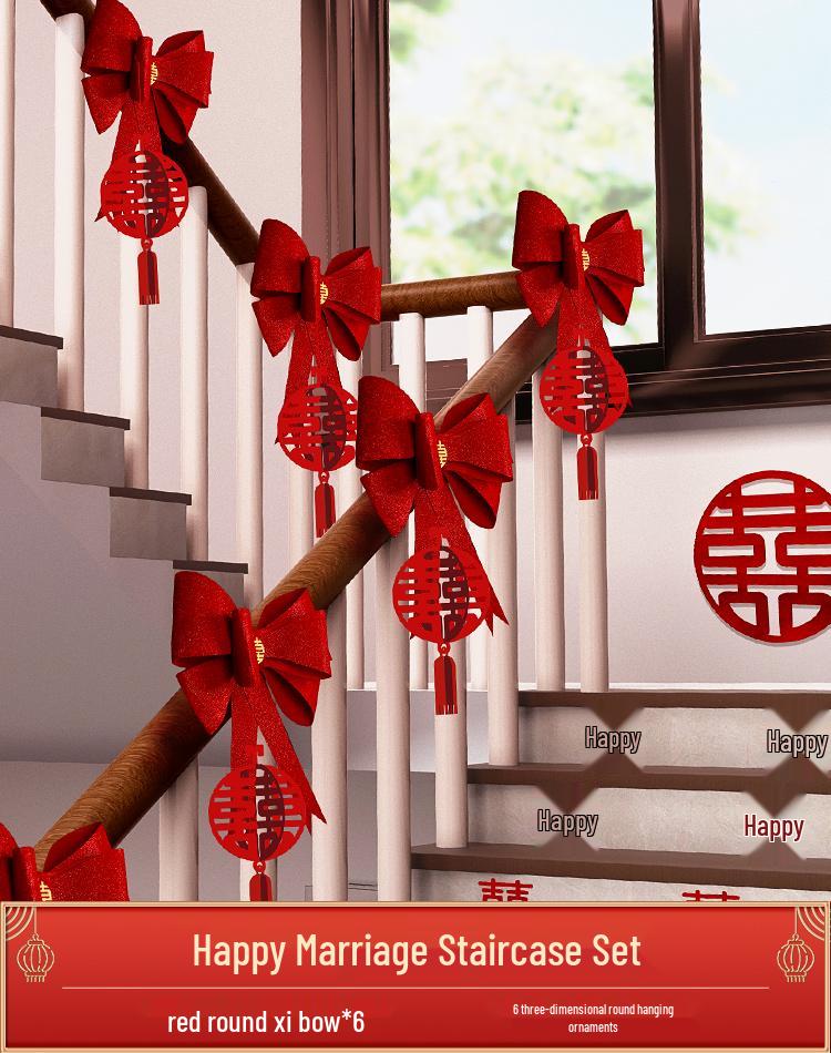 Online Celebrity Wedding Stair Railing Décor Set: Groom's Ceremony Ribbons, Bows, and Pull Flowers