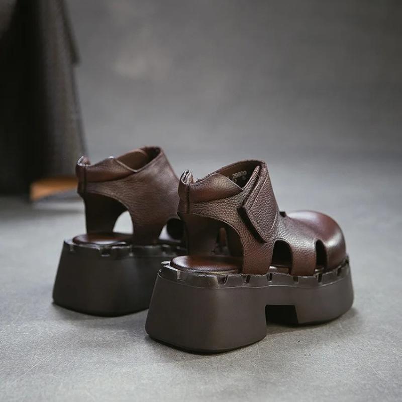 Johnature Echte Leder Höhe Steigernde Dicke Sohle Sandalen Runde Zehen Damen Plateau Schuhe