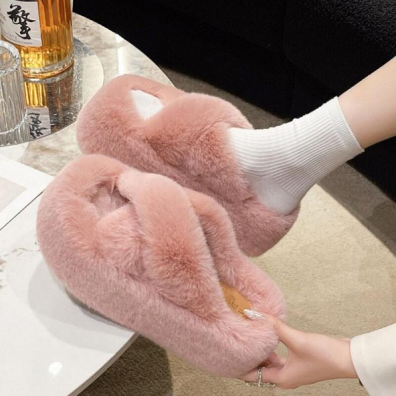 

Winter mink fur indoor slippers with 7cm heels, fur slippers for the office Mink fur indoor slippers 7cm pink
