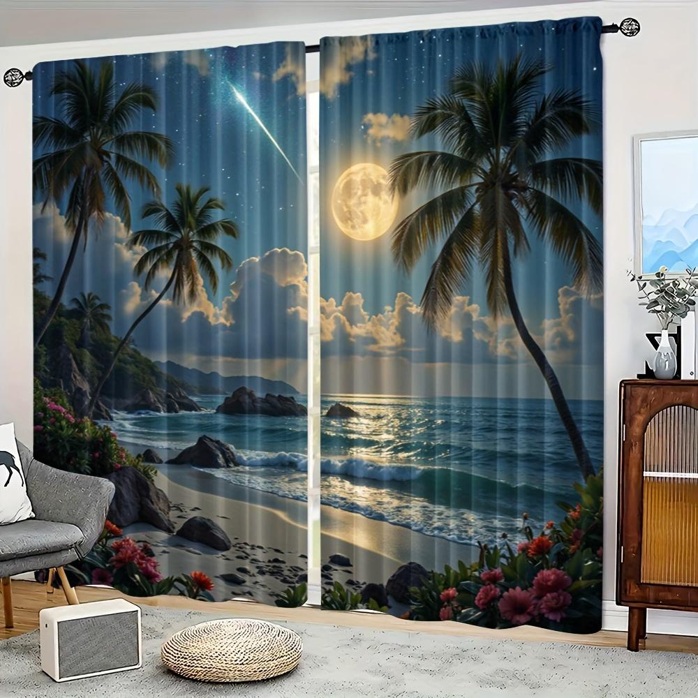 2pcs Tropical Beach Moonlit Night Scene Blackout Curtains    Polyester Knit Weave   Machine Washable   All-Season Drapes for