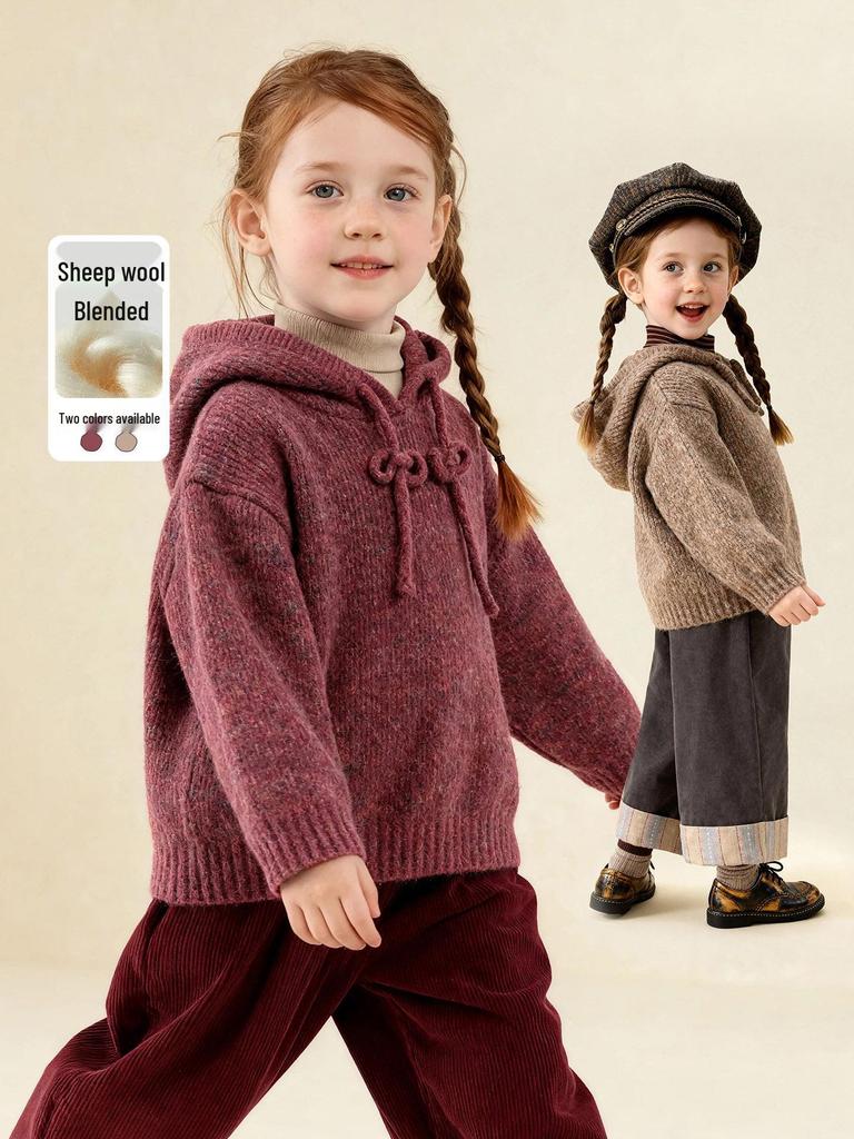 Pulover cu glugă de iarnă pentru fete 2025, culoare solidă - Cardigan tricotat din amestec de bumbac și lână