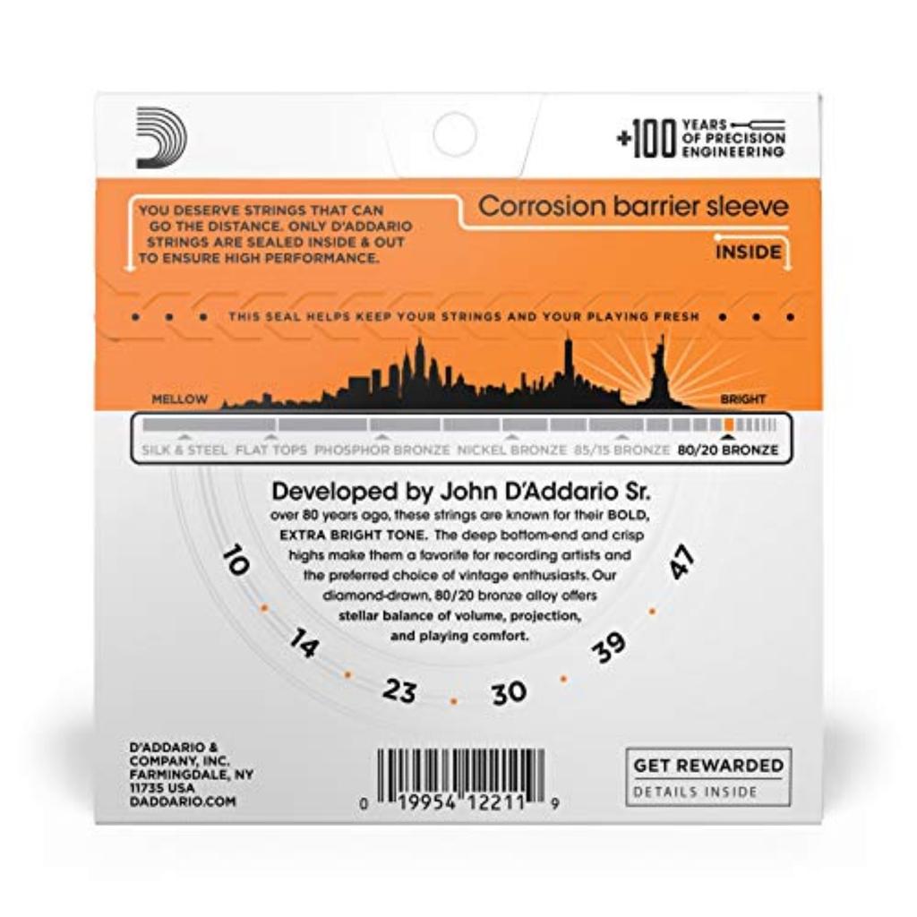 D'Addario Acoustic Guitar Strings 80/20 Bronze Extra Light .010-.047 EJ10 [Domestic Genuine Product]