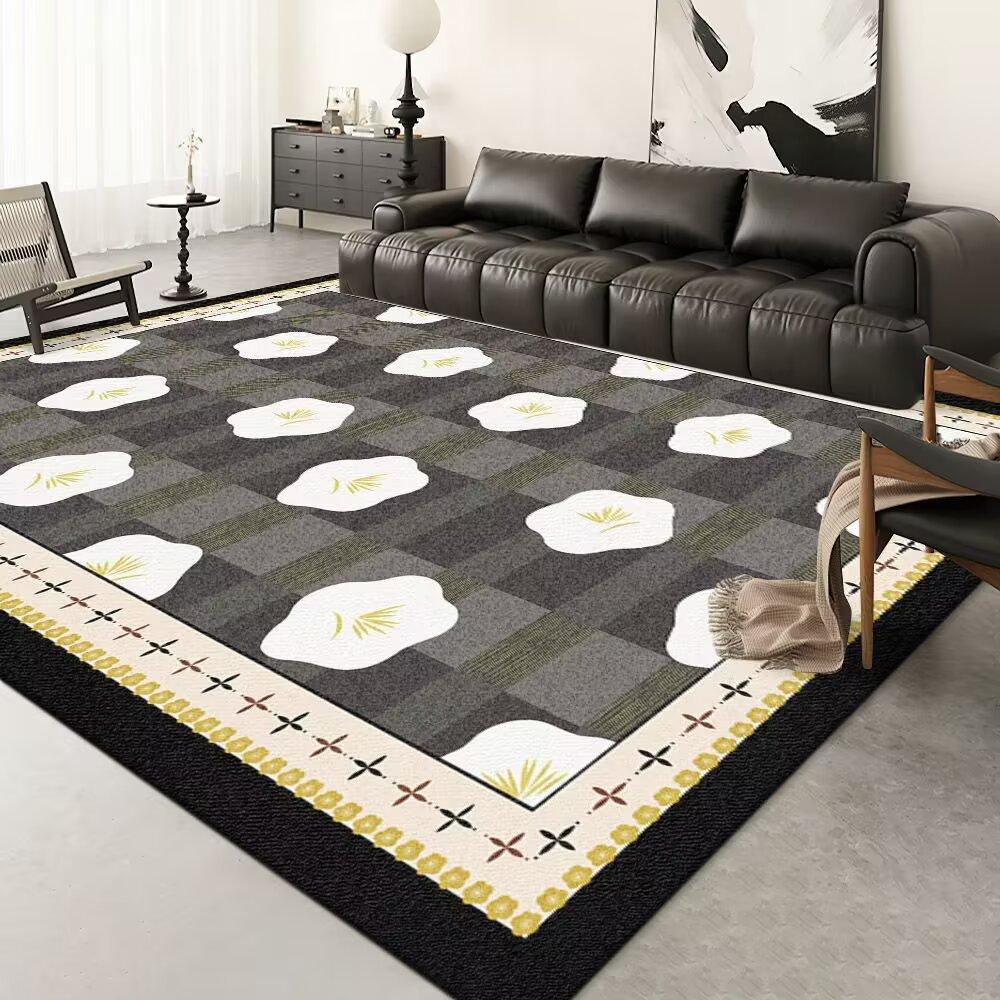 Modern Floral Carpet Mat Rug Black White Vine Pattern with Geometric Border Soft Floor Mat for Living Room Home Decoration
