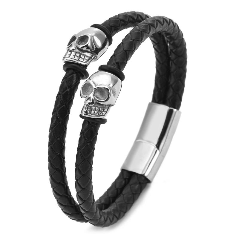 New Hand Woven Gold-plated Stainless Steel Skull Scalp Leather Bracelet with Punk Style Magnetic Buckle Men's Leather Bracelet