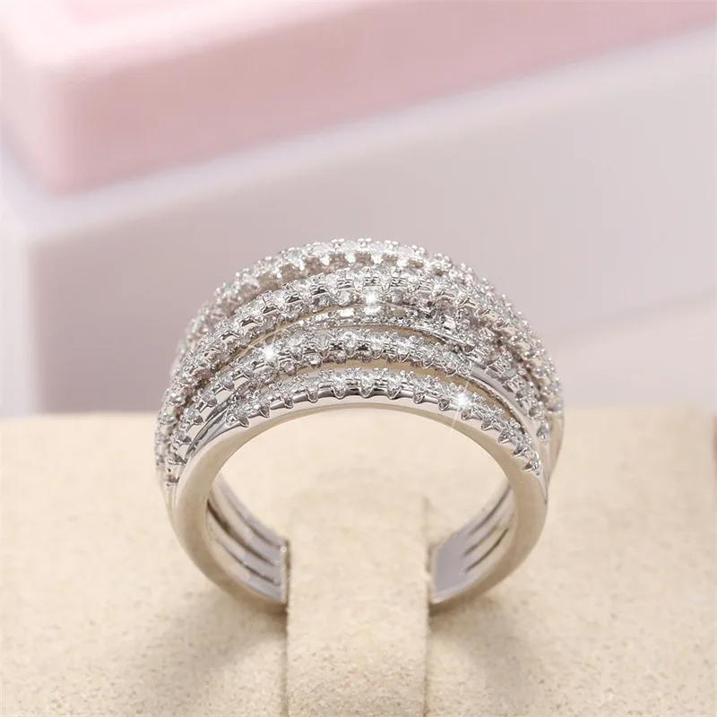 Huajie Inlaid Brilliant Zircon Annular Design Women's Rings Elegant Delicate Wedding Party Female Ring Shining  Trendy