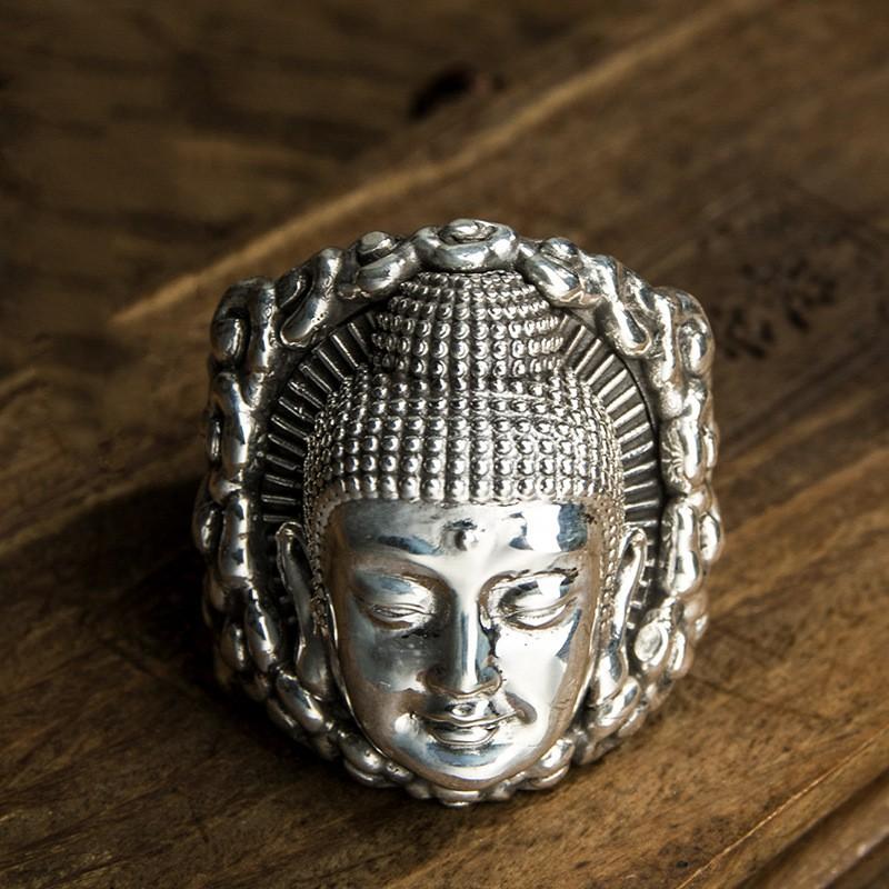 Adjustable Plated Vintage Buddhist Ring With Dainichi Nyorai Motif Unisex Boho Statement Jewelry