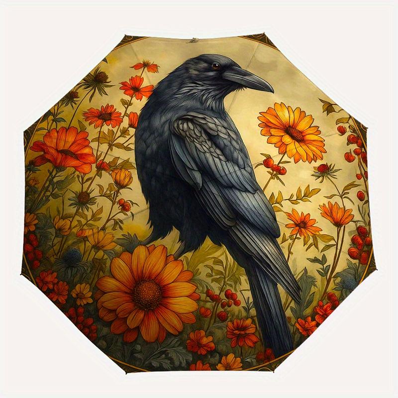 Raven & Flowers: A Whimsical Circular Art PrintUmbrella, Portable 3-Fold Compact Umbrella for Men & Women Gift