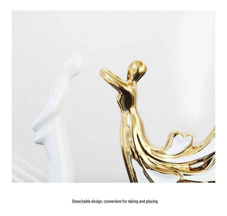 European Light Luxury White Gold Ceramic Couple Figurines for Living Room and Wine Cabinet Decor