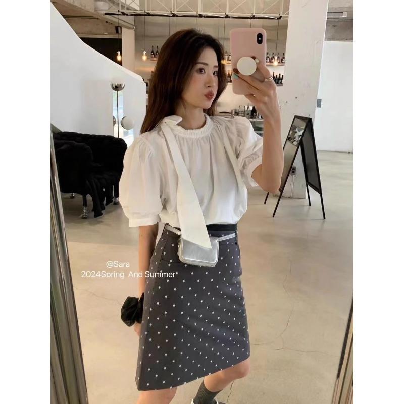 Летняя женская новая модель Французский шик Шнуровка Объемные рукава Свободная приталенная рубашка S