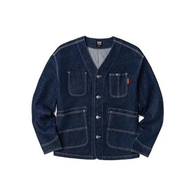 Pocket Collarless Button Denim Jacket Men Jackets Dark-Blue LMT0040575PC00FA02534