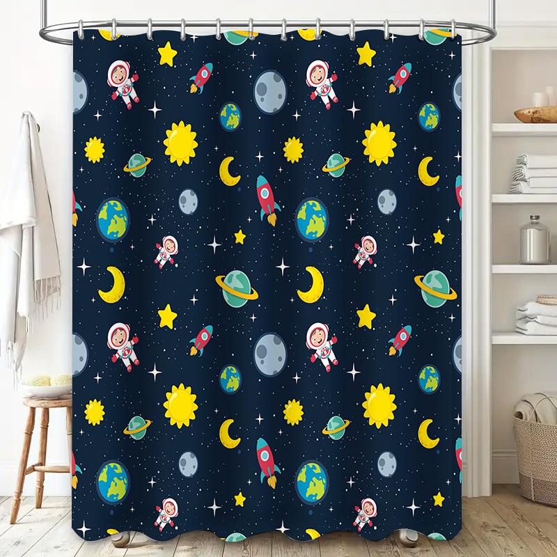 Space-Themed Shower Curtain Set With Astronaut Pattern For Home Decor In Navy Blue 180X240Cm Waterproof Fabric