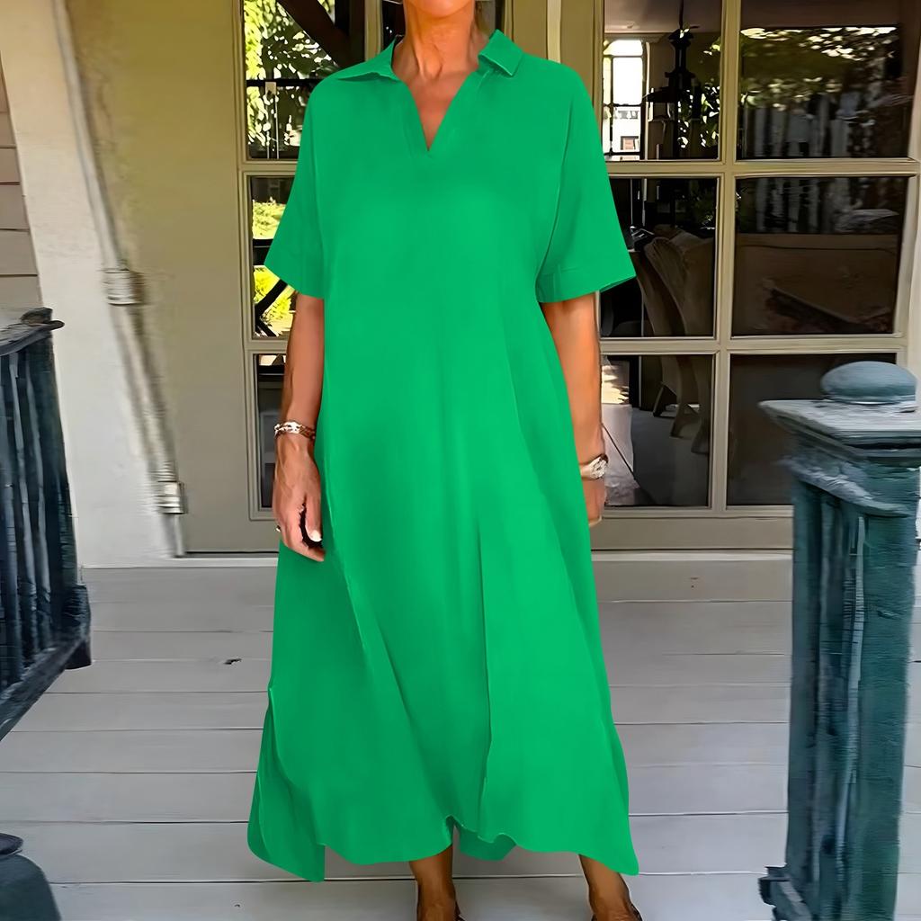 Dámské módní jednobarevné ležérní volné šaty s krátkým rukávem, klopou a širokou sukní