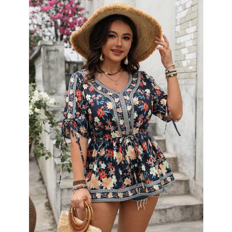 

Женский весенне-летний повседневный праздничный топ с принтом и V-образным вырезом, короткими рукавами 4XL чёрный